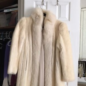 Blush mink with Fox collar. Full length.